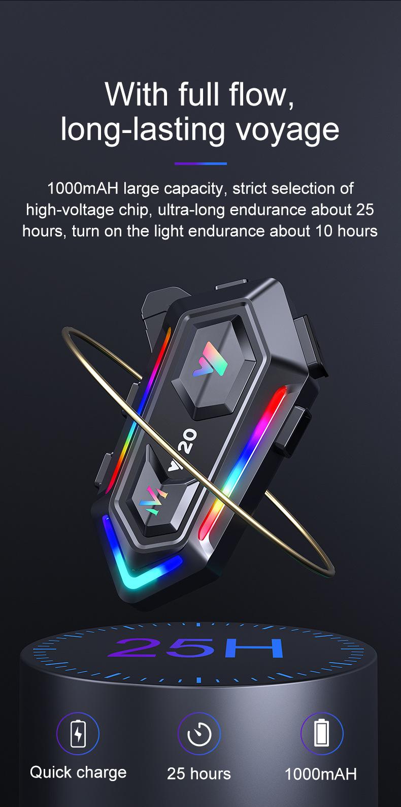 2026 NEW Motorcycle Helmet Bluetooth Headset, RGB Dazzling Lights, IPX6 Waterproof, Bluetooth 5.3, 1000mAh 25H Playtime, Noise Reduction, Hands-Free Call for Motorbike Riding