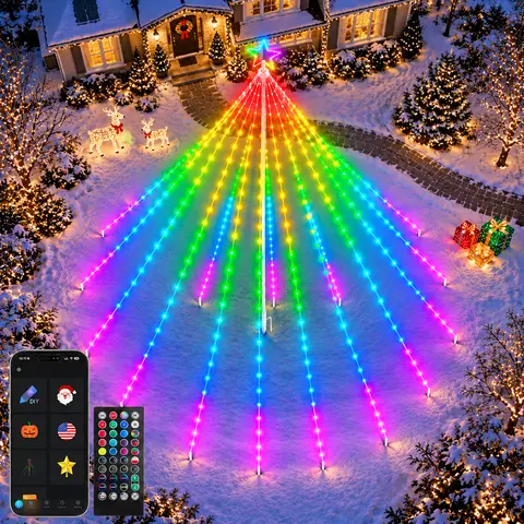 AVATAR CONTROLS Smart RGB Christmas Flag Pole Tree Lights, Gaint Dimmable Gradient Multicolor Star Outdoor Decorative Lights with Pole,DIY Mode Lights,Music Sync, Timer, Waterproof, Wedding/Christmas Decorations for Lawn familyfun