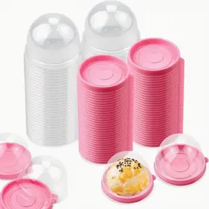 100pcs Pink Round Muffin Cups with Clear Airtight Lids - Food-Grade Plastic 2.75" Bottom x 1.98" Height, Reusable Stackable Containers for Cupcakes, Pastries, Desserts - Holiday Gift