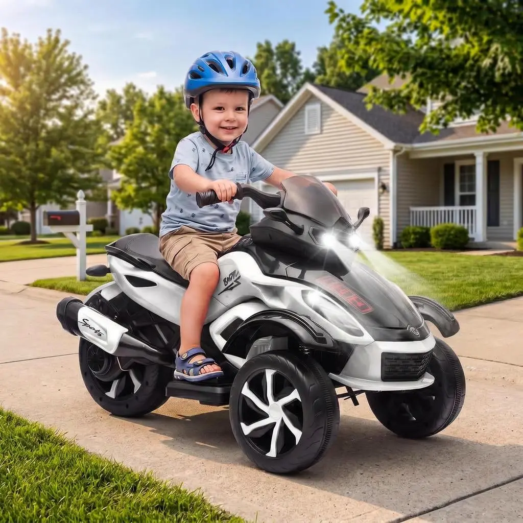 【Black Friday】Garvee Kids 12V Rechargeable ATV-Style Electric Ride-On Car (Ride on Wheels), Dual 45W Motors, 3-Wheel Stability, Foot Pedal, 4MPH Max Speed, Music & Horn Play, Colorful Lights, 66 lbs Capacity, Gravel & Sand Grip, Outdoor Toy for 3-6 Years,