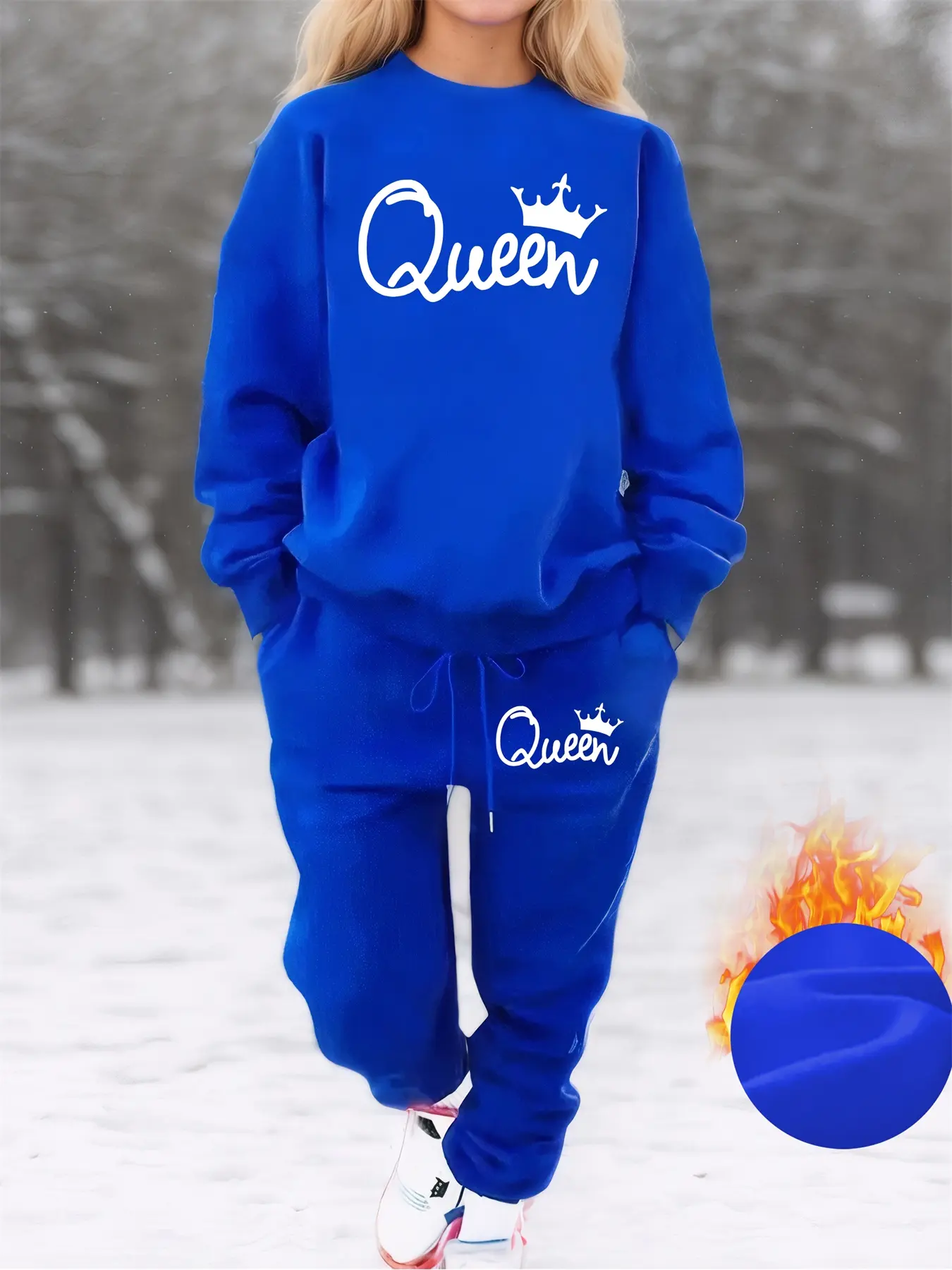 Women's Plus Size Fall Winter Fleece Sweatshirt Set, Queen Crown Print Casual Streetwear Long Sleeve Round Neck Top Drawstring Pants Two-Piece