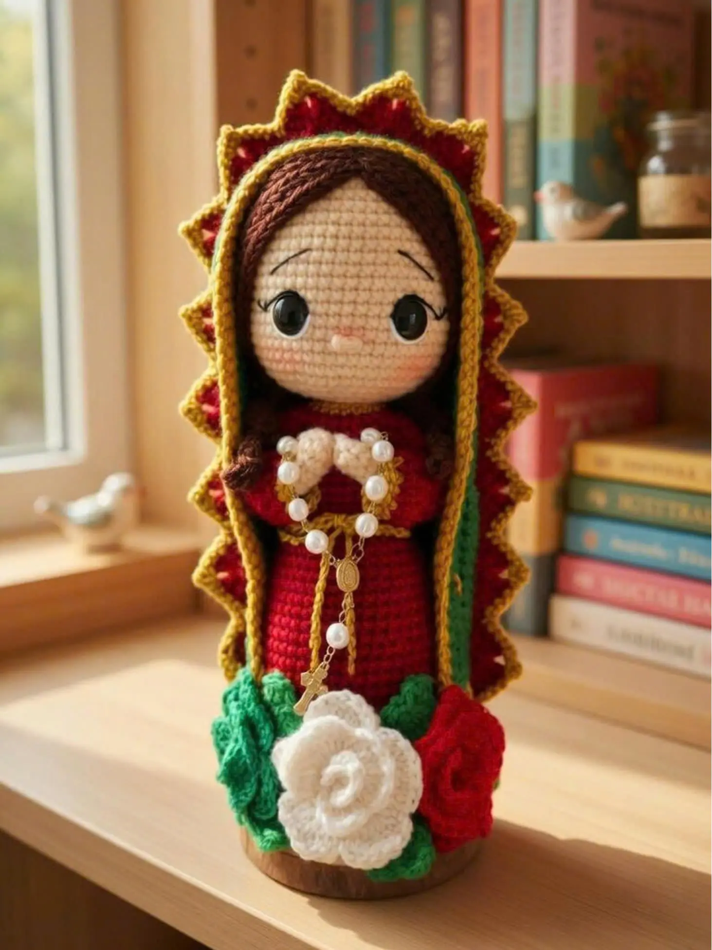 Handmade Crochet Our Lady of Guadalupe Doll – Catholic Religious Home Decor with Rosary and Floral Base, Christian Gift for Women