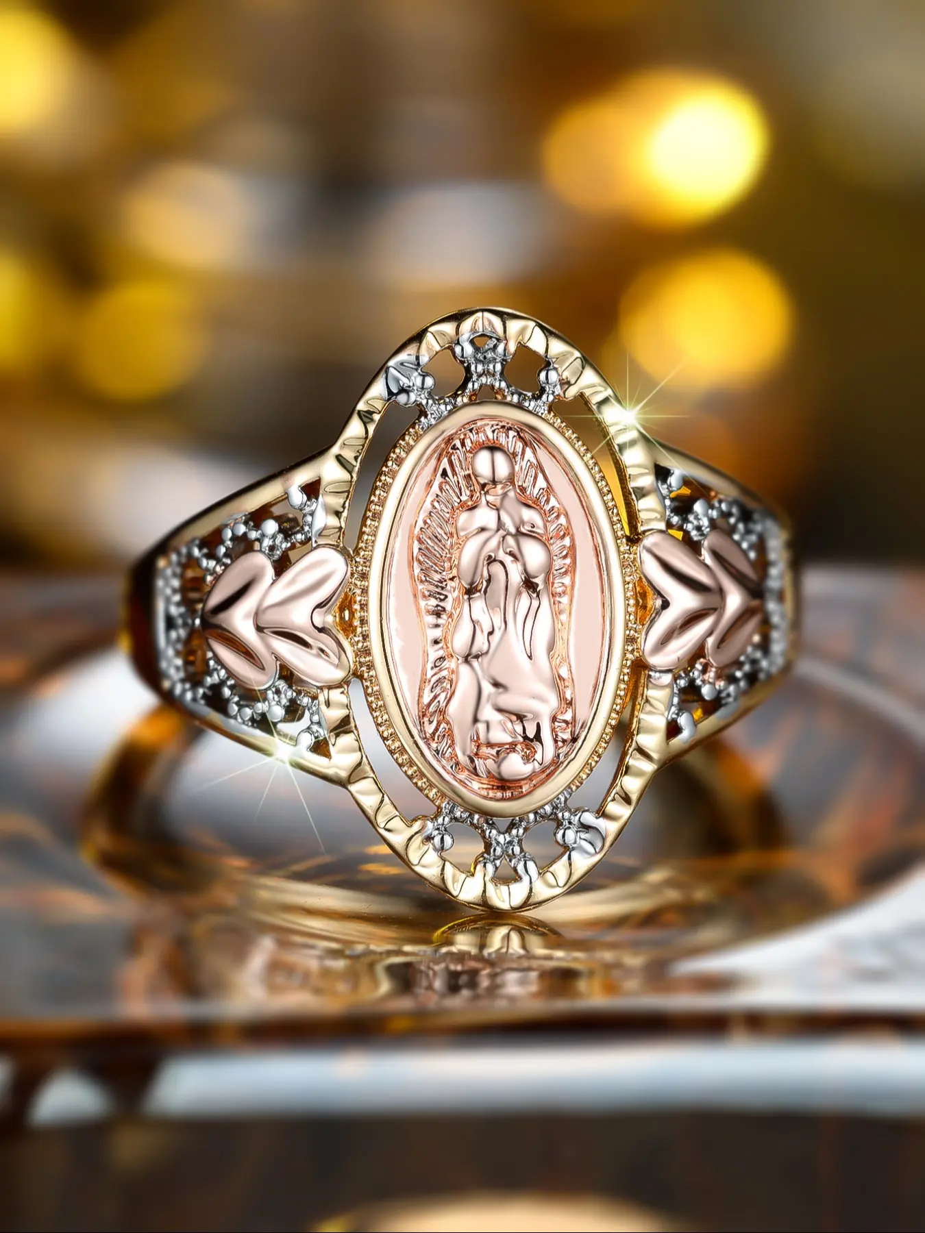 Hollow Geometric Virgin Mary Ring, Women's Engagement Ring, Fashion Engagement Rings, Copper Statement Ring, Perfect Birthday and Anniversary Gift, Casual Style for All Seasons, Copper Material, Elegant Exaggerated Ring, Geometric Design Ring