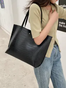 Women's Simple Solid Color Crocodile Embossed Large Capacity Shopping Bag, Fashion Versatile Casual Tote Bag for Women & Girls for Daily Use Pu Leather