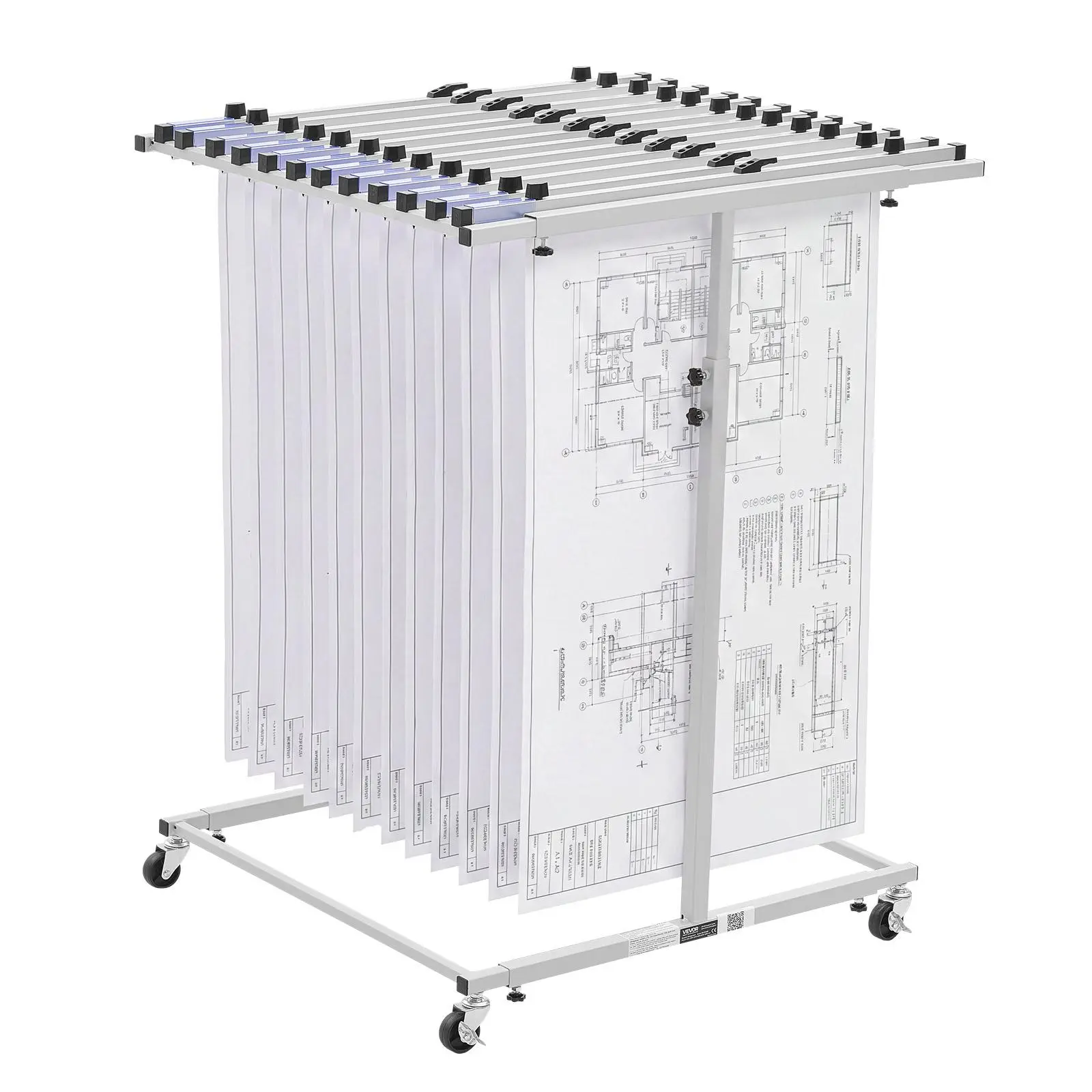 VEVOR Expandable Steel Blueprint Storage Rack, Mobile Adjustable Vertical Drawing Holder with Wheels, 220lbs Capacity File Organizer Stand for Construction Sites - Father's Day Gift (No Clamps, Easy Mobility)