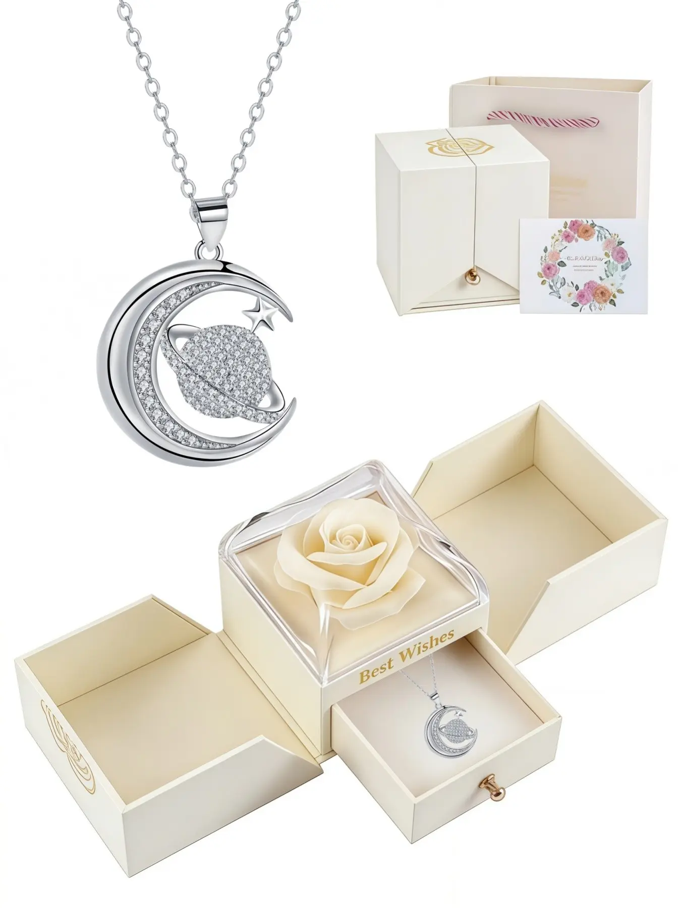 Moon Orbit · Silver Glow Necklace Original planet necklace with diamonds and real gold plating.Includes a surprise double-door rose jewelry gift box.Ideal gift for birthdays, Mother’s Day and Valentine’s Day.