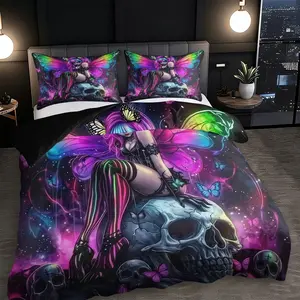 3pc Dark Night Skeleton Goddess Bedding Set, including 1 duvet cover and 2 pillowcases, is a perfect gift for friends. It is suitable for single beds and double beds, with multiple sizes available. It is ideal for bedrooms, dormitories,hotel apartments