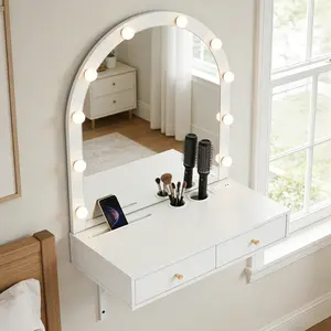 Aobtkel® Floating Vanity Desk with Mirror, 3-Color Lights, Power Outlet, Large Storage, Compact White Wall Dressing Table