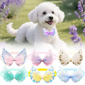 20pcs 2026New Wings Shape Dog Bow Ties Adjustable Fashion Dog Bowties With Diamonds Lace Cute Cat Necklaces Pet Grooming Accessories For Dogs One-size Polyester