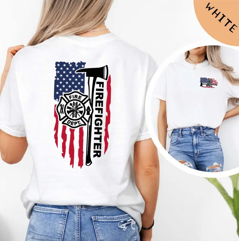 Custom Firefighter T-Shirt – Thin Red Line Flag Tee, Personalized Fireman Gift