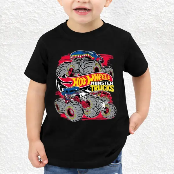 Boys' Hot Wheels Monster Trucks Short Sleeve Graphic T-Shirt, Youth clothing Casual Graphic Apparel, Everyday Wear, Trendy Style, For son and daughter, matching family Outfit, Holiday Clothing