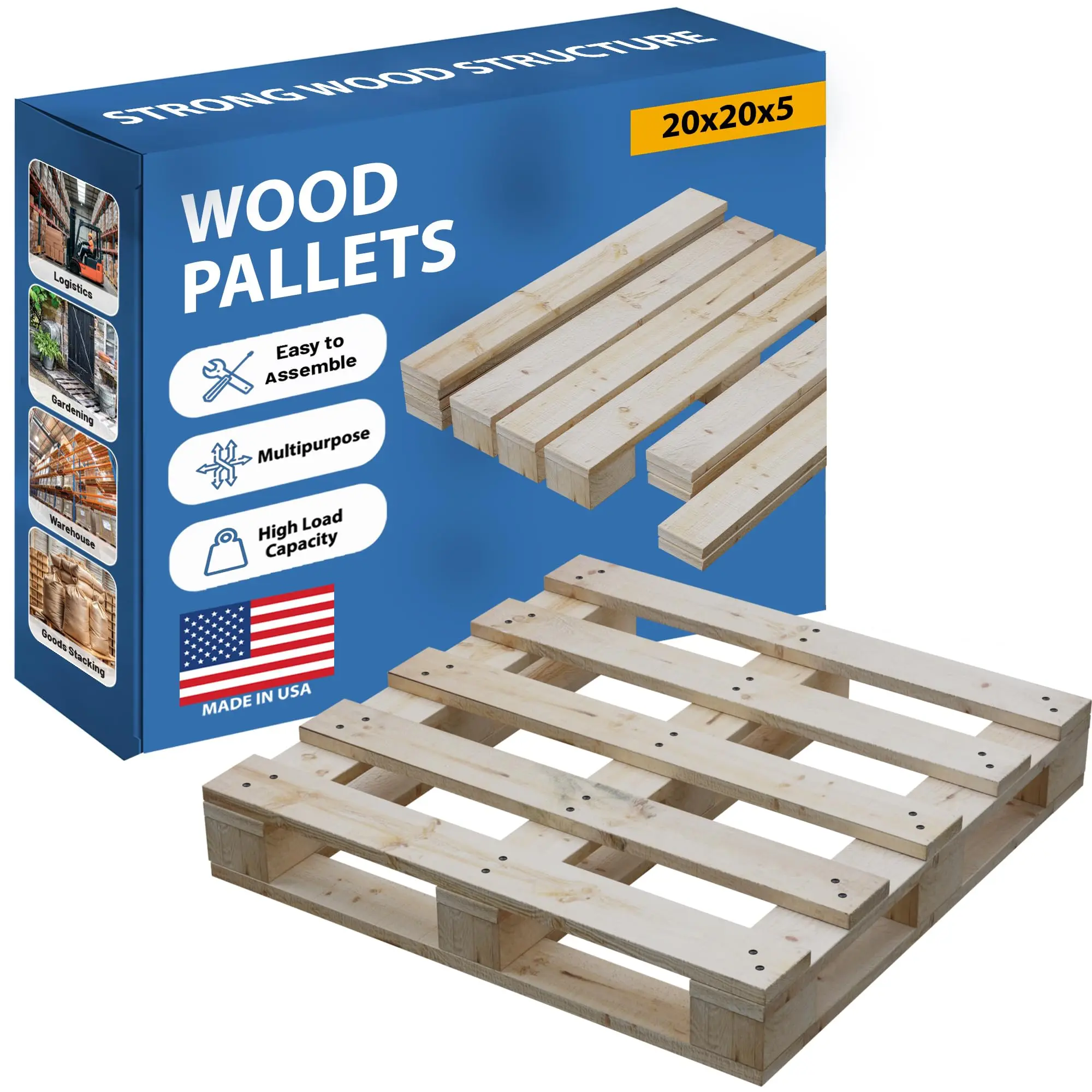 Unassembled Heavy-duty Wooden Pallet Kit - 20x20x5 Inches Industrial-grade Pinewood Stackable & Reusable Easy To Assemble 4-way Forklift Entry For Home Storage Warehouse Use 1 Pack