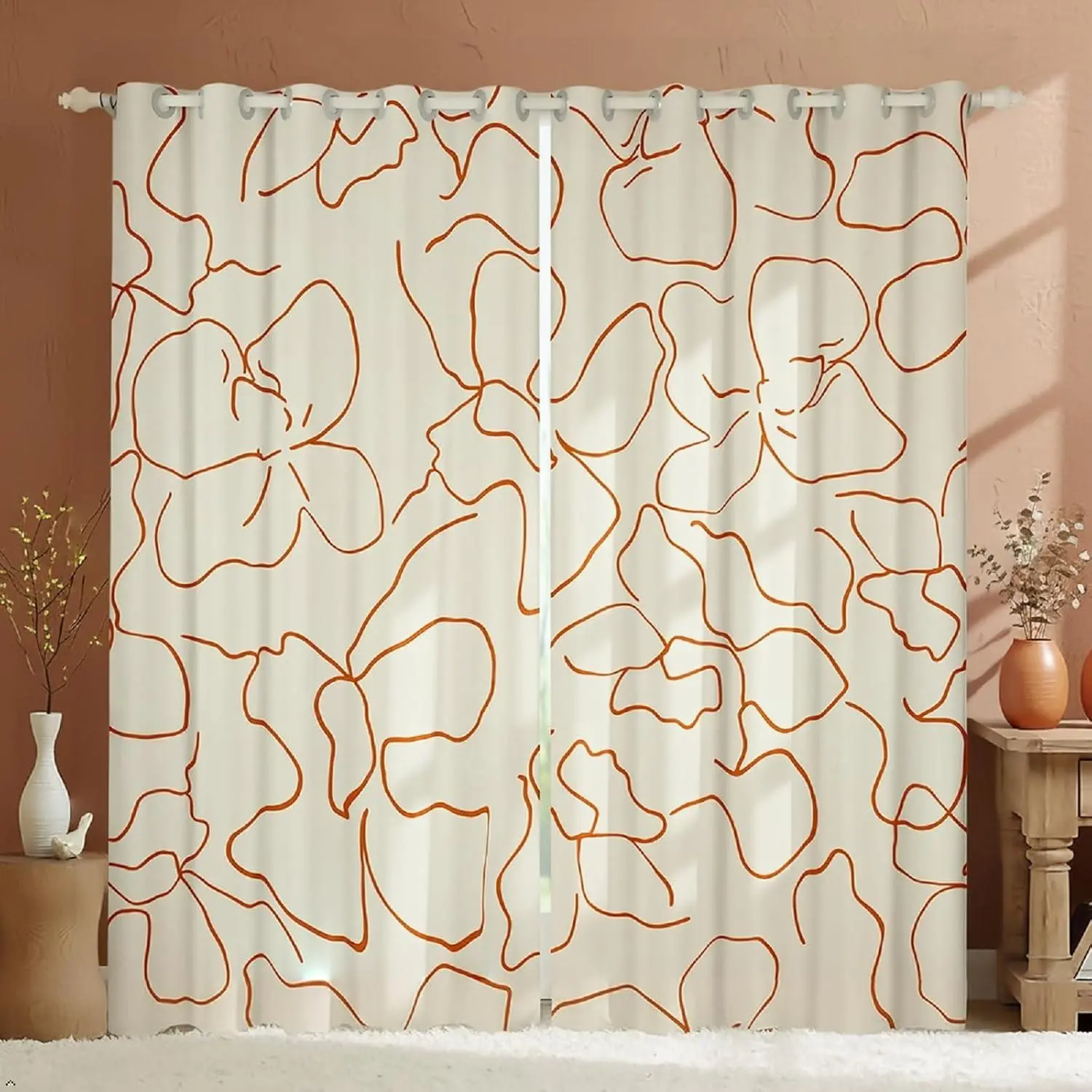 Boho Blackout Curtains Living Room | Abstract Stripes Window Curtains Sets,Line Art Floral Striped Beige Orange Window Treatments Drapes