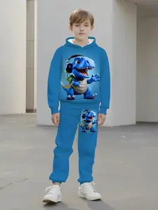 Trendy Dinosaur Earphone Hoodie & Long Pants Set for Kids, 3D Printed Casual, Spring & Fall Wear, Slim Fit Sweatsuit