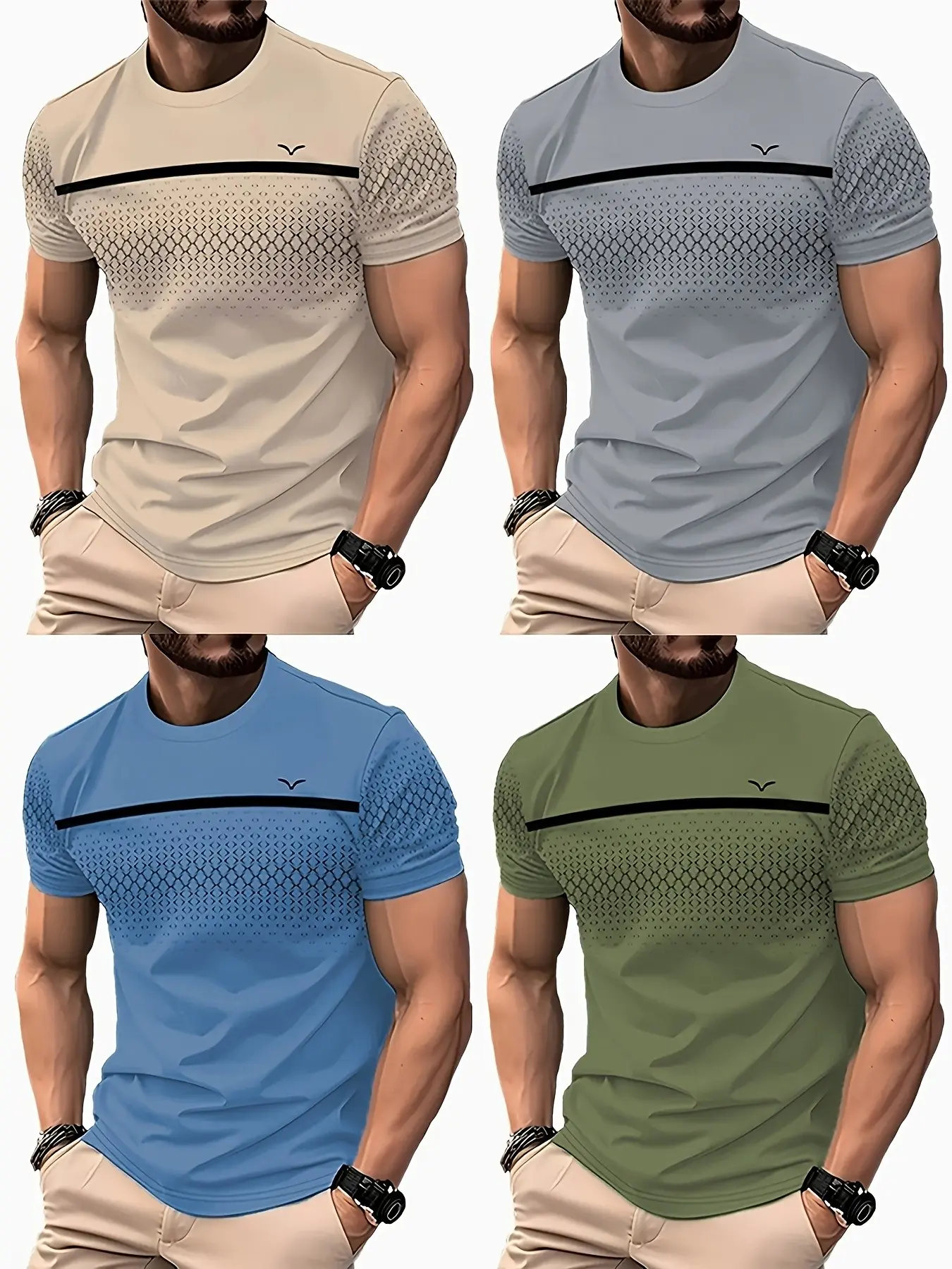 4-Piece Men's Classic Casual Short Sleeve Striped T-Shirt Set, Menswear, Breathable Quick-Dry Geometric Gradient Pattern Print, Lightweight, Outdoor & Daily Wear, 4 Colors, Summer Gift