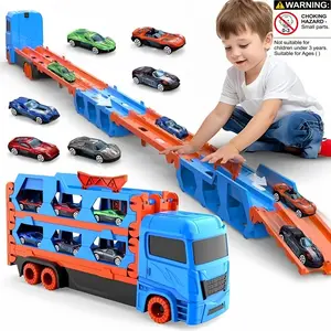 Kids Transformable Track Car Set with Foldable Cargo Truck Model, Includes Parking Lot, Transport Vehicle Toy Gift for Boys & Girls, Transformer Car