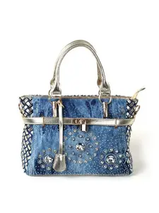 Stylish Women Denim Handbag with Sparkling Glass Rhinestones Embellished Buckle Closure Crossbody Shoulder and Top Handle Bag for Casual Everyday Outfits