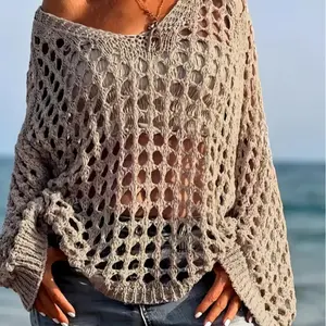 Women's Casual Everyday Loose-Fit V Neck Top, Hollow Out Design, Polyester Knit Fabric, Hand Washable, All Season Wear, Knitwear
