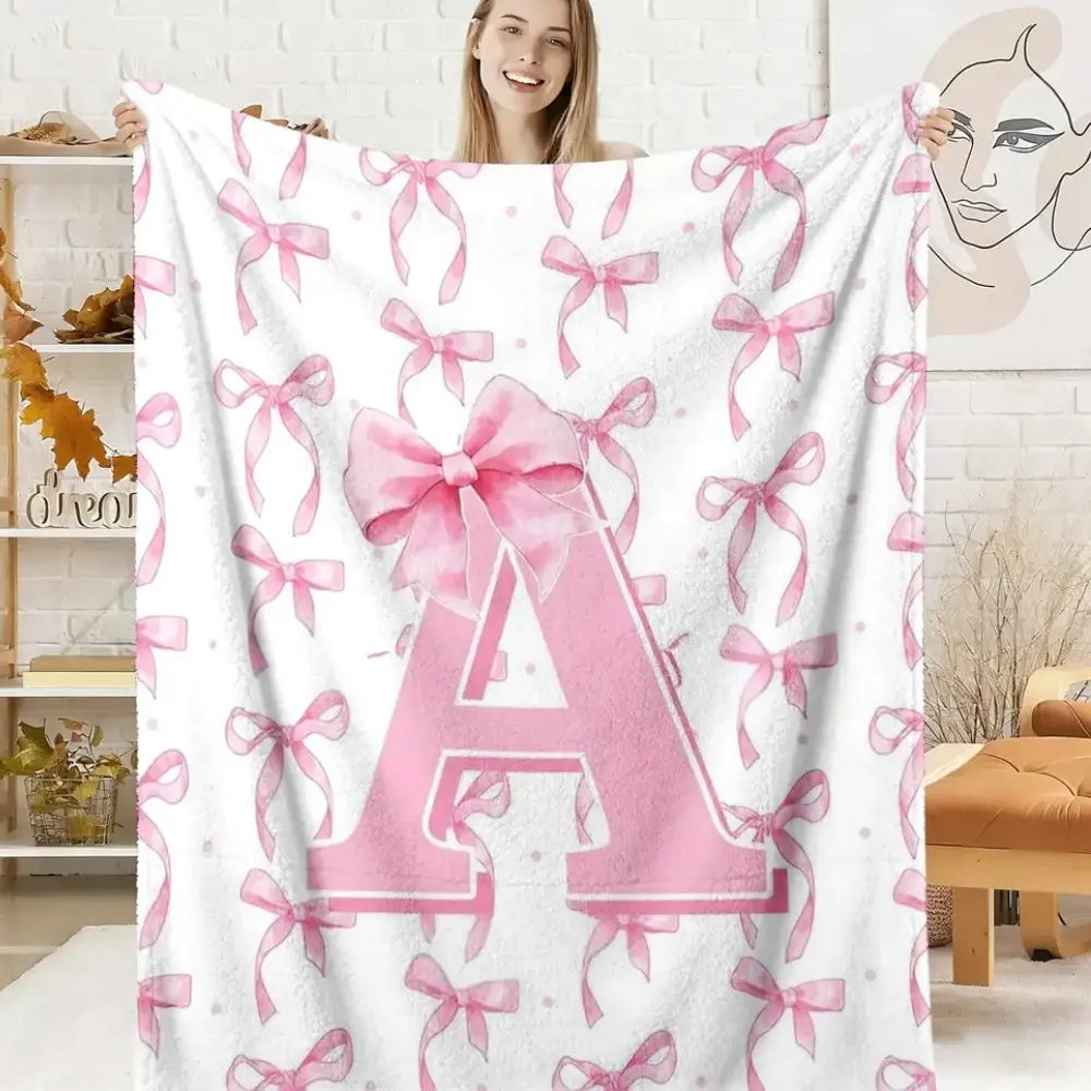 Initial Bow Monogram Flannel Throw Blanket Pink Watercolor Coquette Soft Warm A-Z Design Gifts for Women Room Decor Bedroom Couch Alphabet Bowknot Blanket