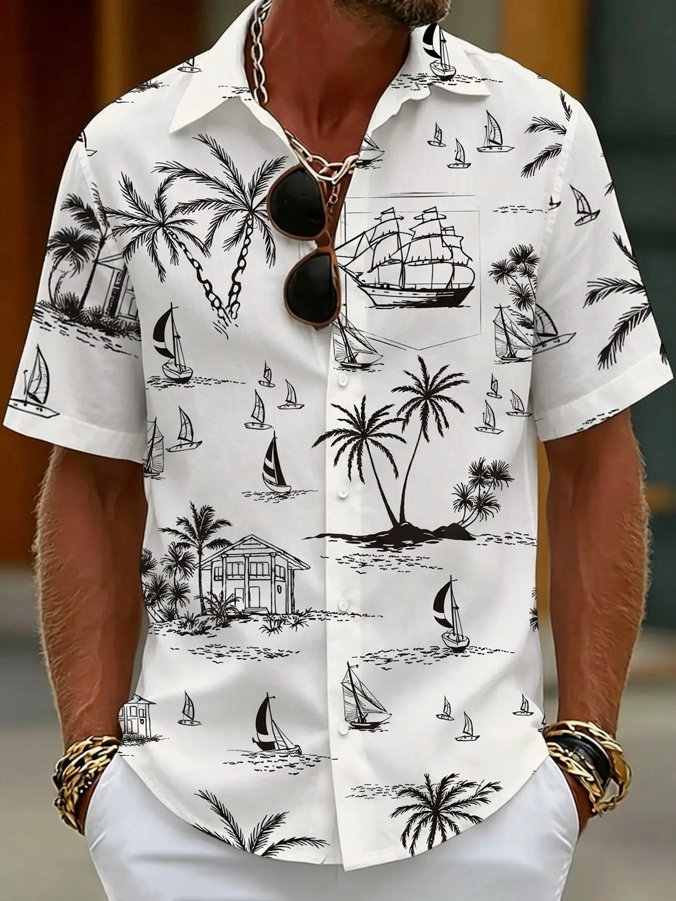 White-based short-sleeve Collared casual graphic shirt printed with sailboats and coconut trees, Tropical casual men's top with vacation style