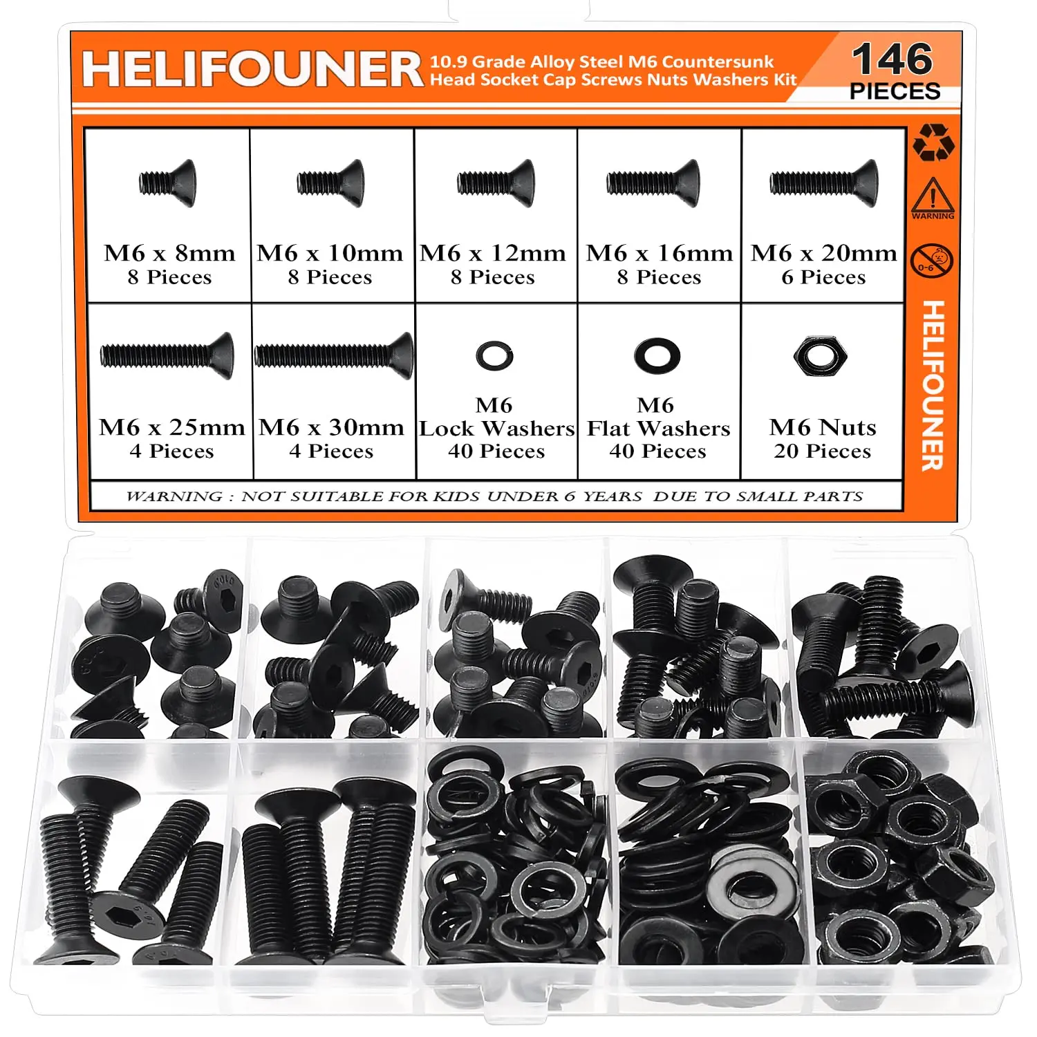 146 Pieces M6 x 8mm /10mm /12mm /16mm /20mm /25mm /30mm, Countersunk Head Socket Cap Screws Bolts Washers Nuts Kit, 10.9 Grade Alloy Steel, Full Threaded, Black