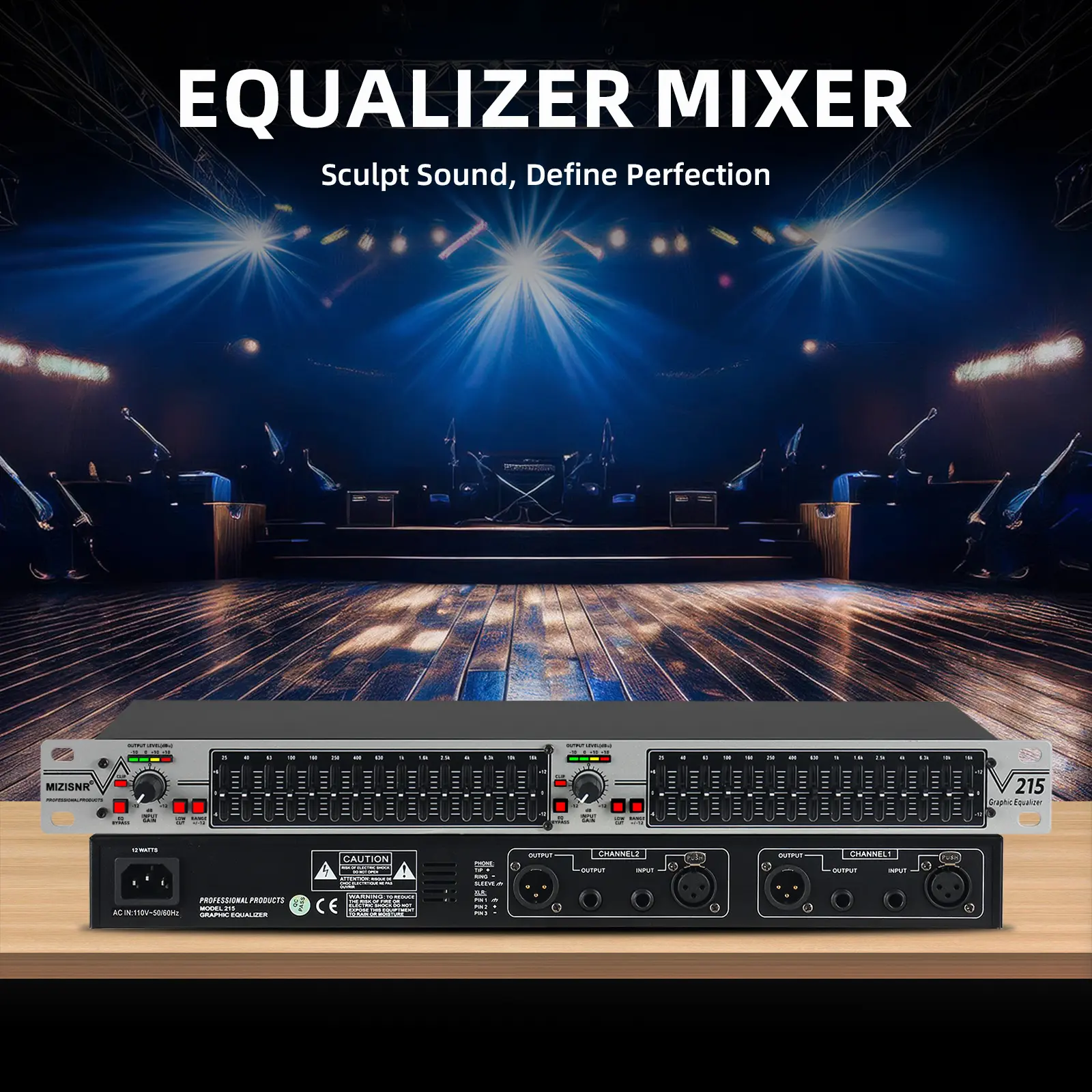 15-Band Graphic Equalizer (EQ-215S) 1U Rack Mount Dual-Channel Wired Mixer, Adjustable Stereo EQ, Corded Power, ±12dB Gain, Noise Reduction, XLR/TRS Compatible, Bypass Switch, Low-Cut Switch, Extensive Customization for Home Audio, Professional DJ Use