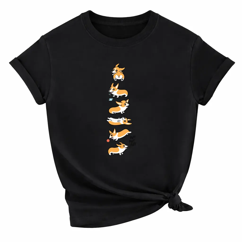 2026 Summer New Casual Fashion Puppy Corgi Cute Print Round Neck Soft Comfortable Breathable T-Shirt