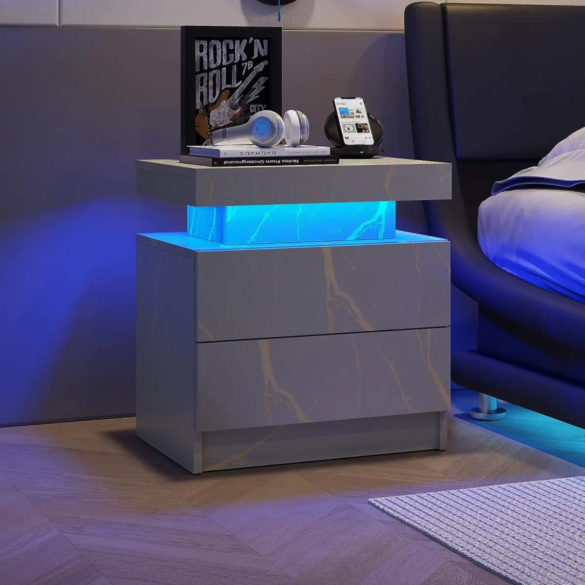 Nightstand LED Bedside Table Cabinet Lights Modern End Side with 2 Drawers for Bedroom (Gray Gold)﻿ Modern Nightstand with LED Light, White bedside Table ,High Gloss Bedside Table Cabinet with 2Drawers and Top Storage