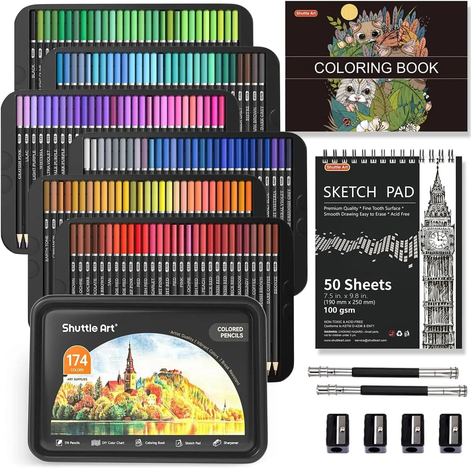 174 Colors Professional Colored Pencils Set, Shuttle Art Soft Core with 1 Coloring Book,1 Sketch Pad, 4 Sharpener, 2 Pencil Extender, Perfect for Arti