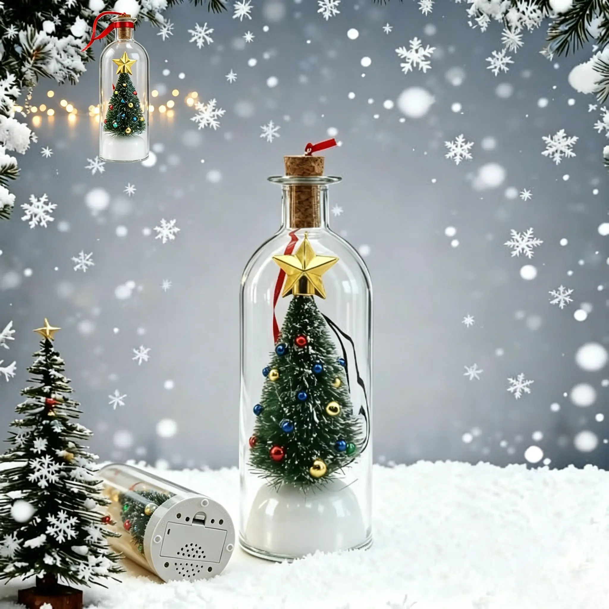 Christmas Tree Message in a Bottle Recordable Voice Bottle with Nostalgic Snowy Scene Ornament Playback Cork Unique Holiday Keepsake & Festive Gift for Family