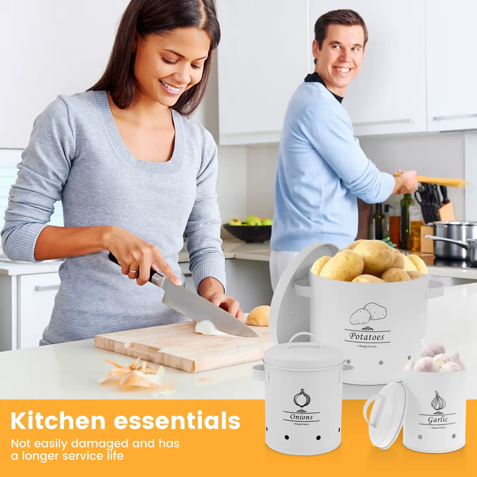 Three piece metal food storage canned set for potatoes, onions, and garlic - no electricity required