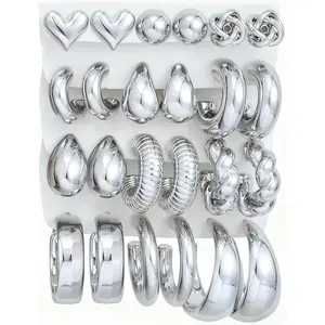12 Pairs Chunky Silver Hoop Earrings for Women Trendy, Silver Plated Lightweight Thick Open Twisted Stack, Non Tarnish Huggie Hoops Earring Set