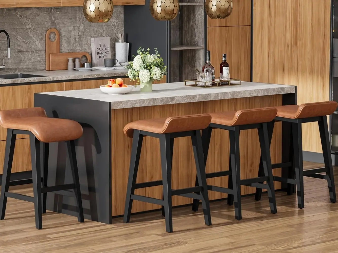 Set of 2-4 26.2" Counter Height Sturdy Bar Stools - Solid Oak Frame, Wide PU Leather Upholstered Seat, 9.1" Footrest, Wipes Clean Fast, Ideal for Kitchen Islands & Studio Apartments