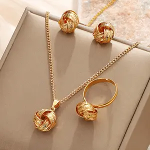 3pcs Set Fashion Creativity Geometry Stereo Knotting Pendant Necklaces Earrings Rings for Women Charm Jewelry Set Accessory Gift