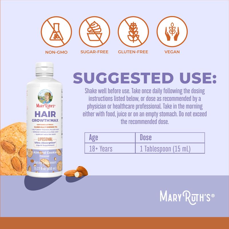 MaryRuth's Hair Growth Max Liposomal - Lustriva + Biotin 10000mcg + Pumpkin Seed Oil - Thicker Hair - Improve Wrinkles & Fine Lines - 15.22 Fl Oz