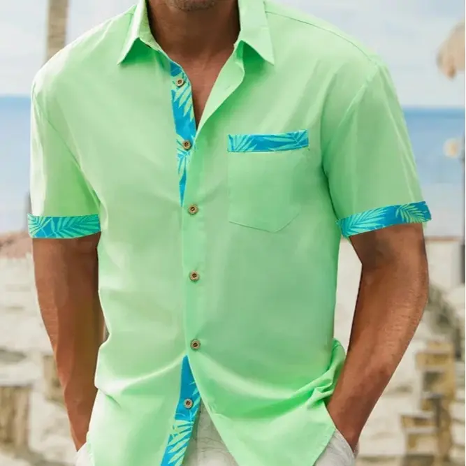 Hardaddy Green Cotton Botanical Contrast Short Sleeve Hawaiian Shirt For Men