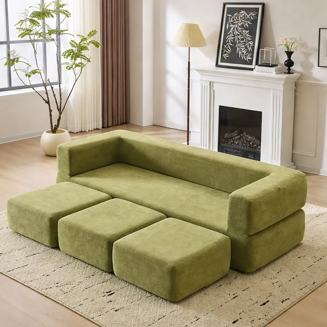 Modular Sofa Bed 3-Seat Convertible Sectional Couch with 3 Ottomans Detachable L-Shaped Sofa for Living Room Small Apartment Home Theater Green Grey Chenille Foam, Green/Grey Color Options, Foam Material, 3 Seat Seat Count, Minimalist Style