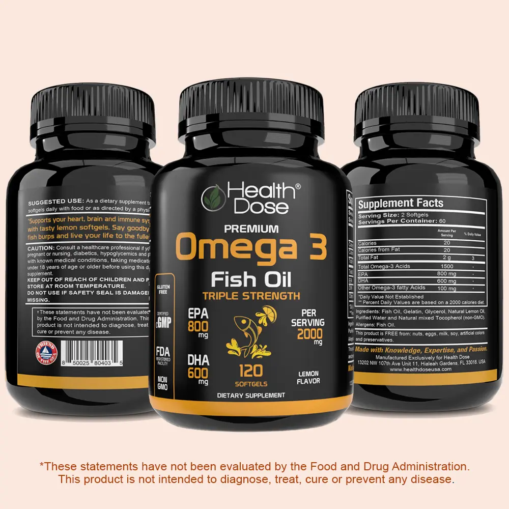 Health Dose Premium Omega 3 Fish Oil Triple Strength x 120 Softgels. Healthcare Edible  nutritional support energy Fitness Dietary Vitamin wellness supplement Epa Lemon Flavor