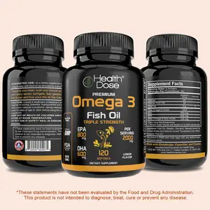 Health Dose Premium Omega 3 Fish Oil Triple Strength x 120 Softgels. Healthcare Edible  nutritional support energy Fitness Dietary Vitamin wellness supplement Epa Lemon Flavor