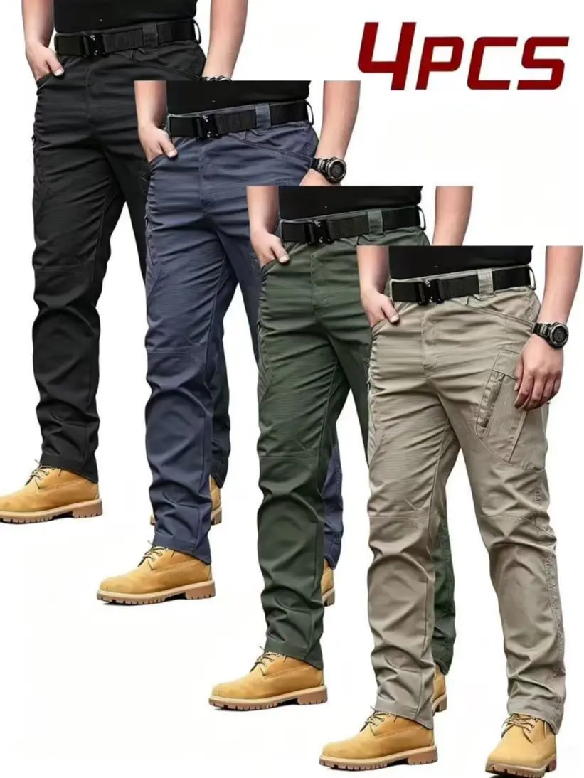 Men's 2-Piece Tactical Cargo Trousers, Menswear, Mid-Rise Zip Tailored Fit, Multi-Pocket, Durable Breathable Polyester, All-Season, Stylish Casual, Ideal for Construction Work.