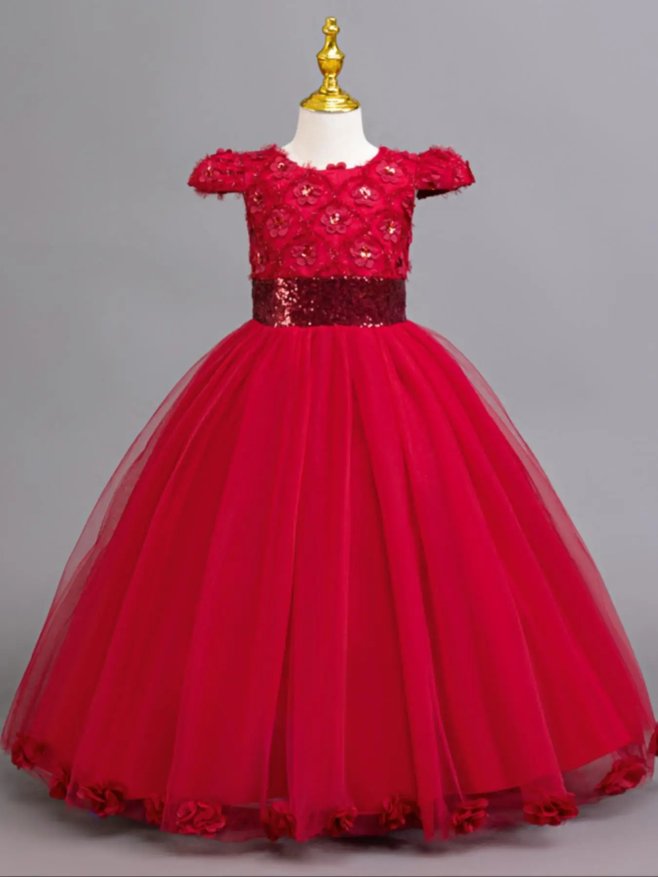 Girl's Floral Decor Contrast Mesh Dress, Elegant Round Neck Dress for Party Performance Wedding Guest, Kids Clothes for All Seasons