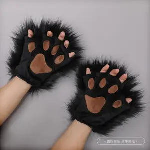Animal Paw Gloves Winter Fingerless Gloves Fluffy Bear Cat Plush Paw Claw Glove Half Finger Cover Cosplay Costume Accessories
