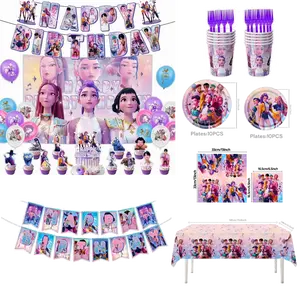 62-piece birthday decoration set, disposable birthday party tableware including plates, cups, napkins, forks, tablecloths, and flags; party tableware; a gift for anime/manga fans, children/teens (pink).