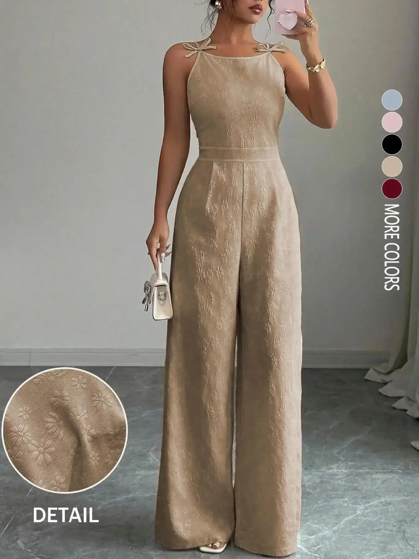 Women's Flattering Bowknot & Daisy Jacquard Fabric Waist Cinched Wide Leg Jumpsuit, High Elegant Chic For Daily Commute, one-piece wonder, effortless chic, streamlined style, versatile piece