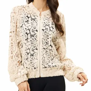 Lace Crochet Bomber Jacket with Zipper