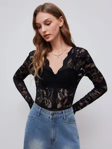 Lace Floral See Through Bodysuit