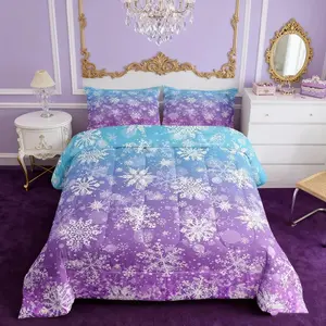 Purple Blue Snowflake Bedding Set,Christmas Comforter Set,Princess Duvet Quilt,Microfiber Winter Snow Bedroom Decor Snowflake
