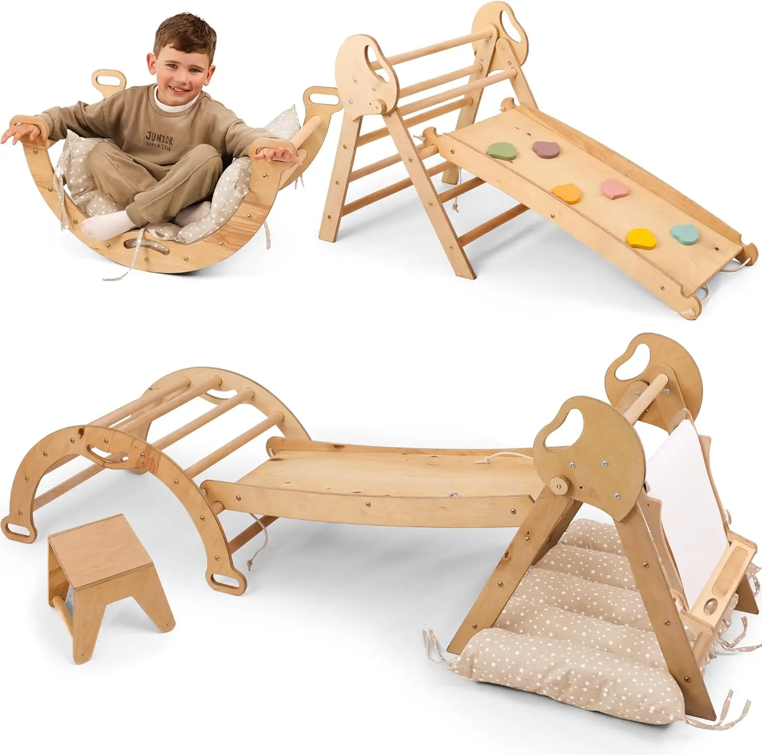 5-in-1 Wooden Indoor Climbing Frame with Slide – Montessori Climbing Triangle for Kids from 1 Year, Baby Indoor Playground Climbing Set & Art Set