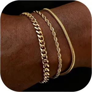 Gold Bracelets for Men Trendy - Dainty Gold Plated Stainless Steel Snake Link Bracelet Stack Rope Figaro Herringbone Chain Bracelets Set Adjustable Cuban Link Bracelet for Men Birthday Gifts for Man