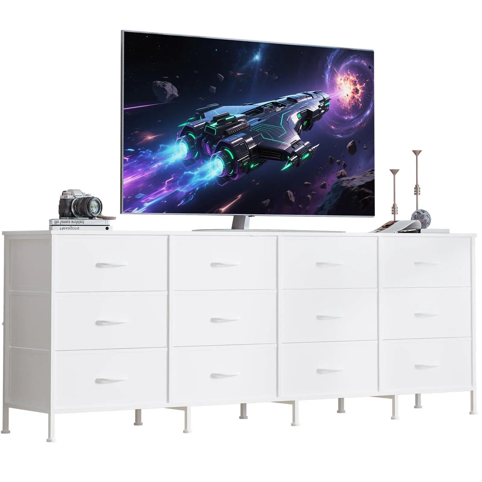 Garvee 70 Inch Large Dresser with Charging Station, 12 Fabric Drawers, TV Stand for 65 to 80 Inch TVs, Storage Cabinet for Living Room, Bedroom or Entryway, White